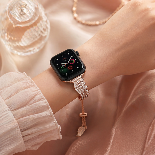 Apple Watch Saat Melek Kanadı Tasarımlı Şık Taşlı Kordon Gold