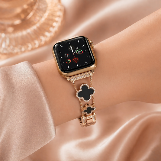 Apple Watch Saat Taşlı Siyah Yonca Tasarımlı Şık Kordon Gold