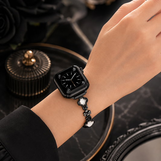 Apple Watch Saat Taşlı Yonca Tasarımlı Şık Kordon Siyah