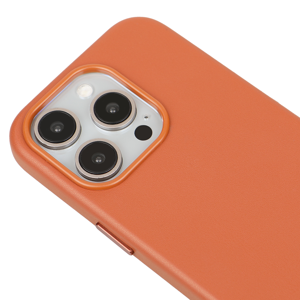 iPhone 14 Pro Max Gizli Magsafeli Vegan Deri Telefon Kılıfı - Turuncu