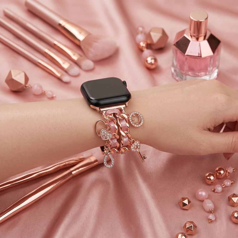 Apple Watch Saat Taşlı Kalp Tasarımlı Şık Kordon Rose Gold