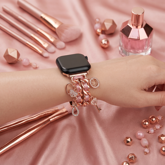 Apple Watch Saat Taşlı Kalp Tasarımlı Şık Kordon Rose Gold