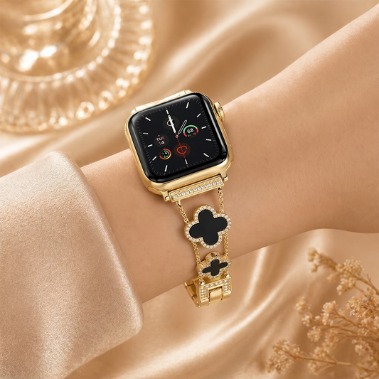 Apple Watch Saat Taşlı Siyah Yonca Tasarımlı Şık Kordon Açık Gold