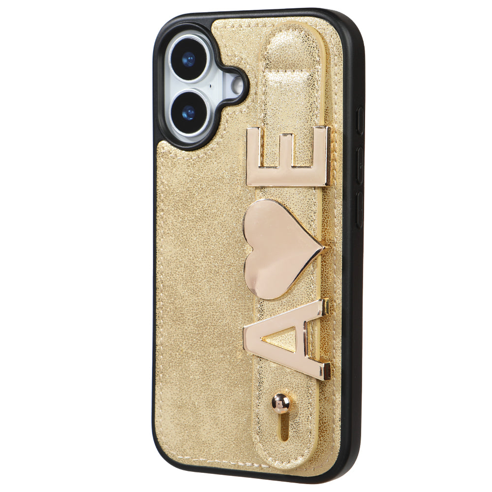 iPhone 16 Kişiye Özel Harfli Deri Telefon Kılıfı Gold