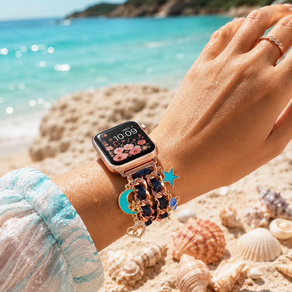 Apple Watch Saat Galaksi Charm Tasarımlı Şık Taşlı Kordon Rose Gold