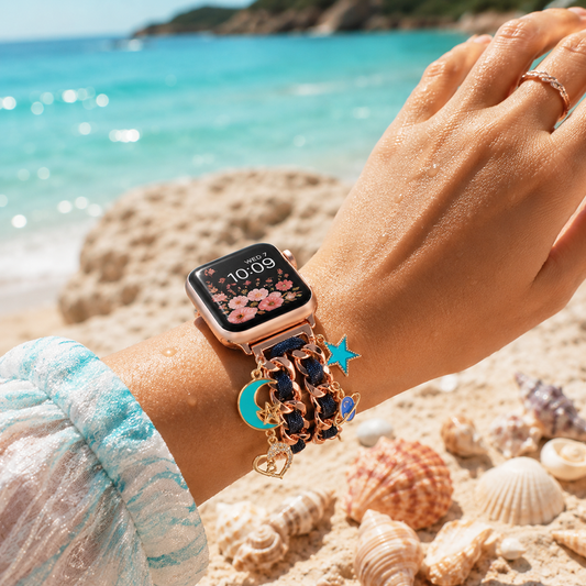 Apple Watch Saat Galaksi Charm Tasarımlı Şık Taşlı Kordon Rose Gold