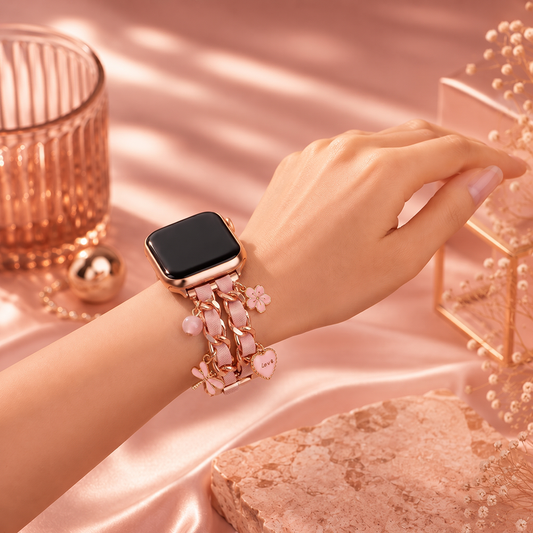 Apple Watch Saat Taşlı Love Kalp Tasarımlı Şık Kordon Rose Gold