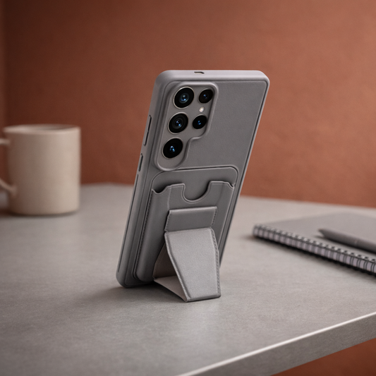 Samsung S26 Ultra Manyetik Standlı Kartlıklı Premium Deri Telefon Kılıf Gri