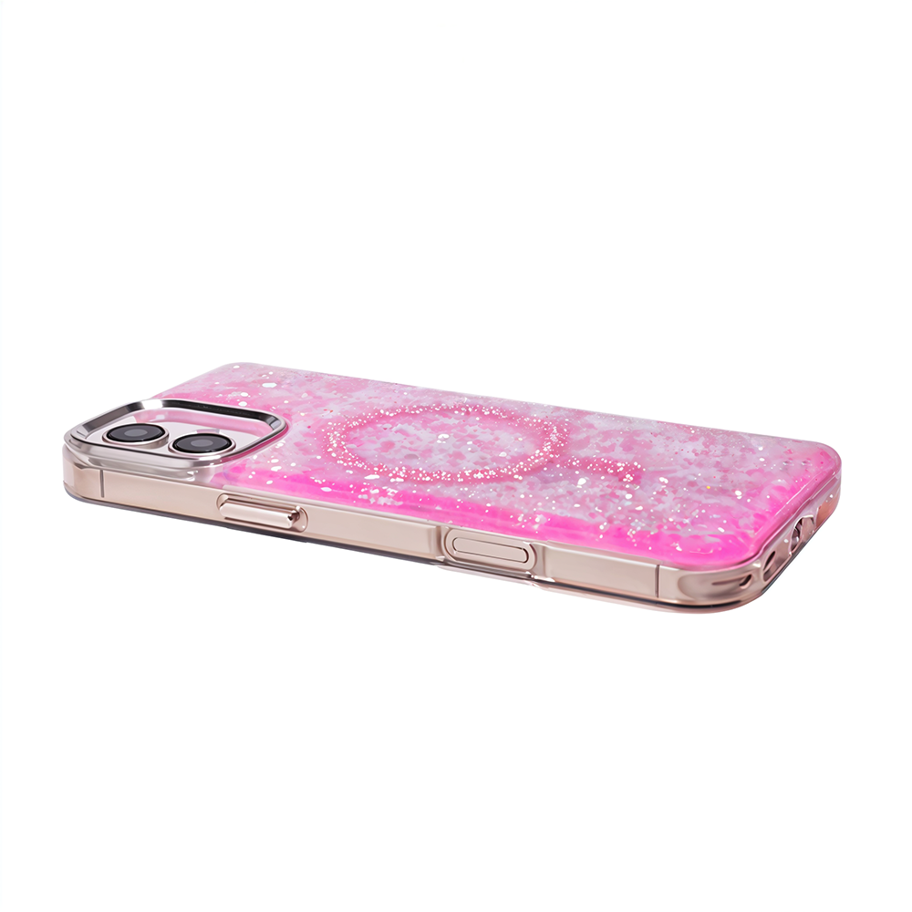 iPhone 16 Simli Dolgulu Magsafe Telefon Kılıfı Pembe