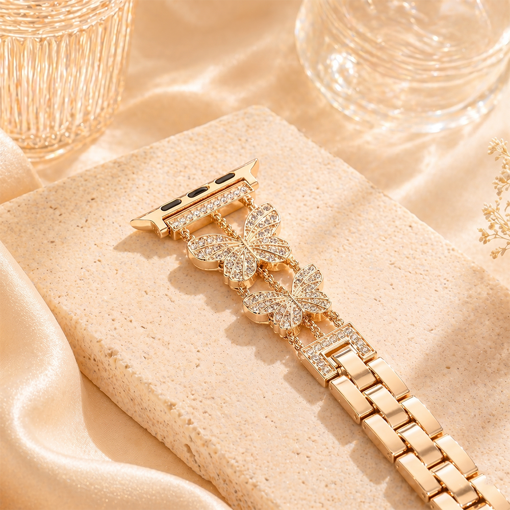 Apple Watch Saat Taşlı Kelebek Tasarımlı Şık Kordon Açık Gold