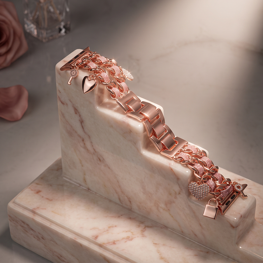 Apple Watch Saat Taşlı Anahtar Kilit Tasarımlı Şık Kordon Rose Gold
