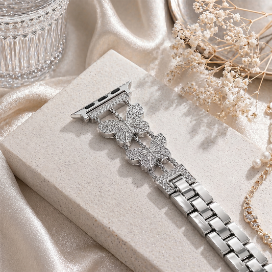 Apple Watch Saat Taşlı Kelebek Tasarımlı Şık Kordon Silver