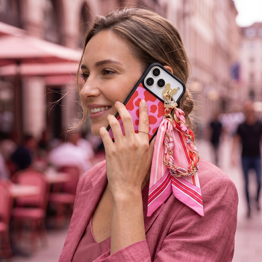 Zincirli Fular Yapışkanlı ve Klipsli Charm Aksesuar - Pembe Kırmızı