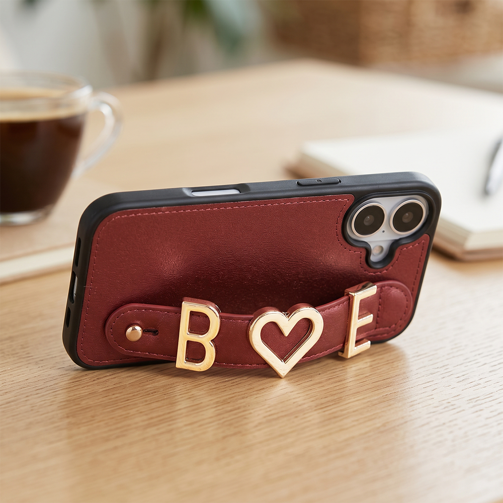 iPhone 17 Kişiye Özel Harfli Deri Telefon Kılıfı Bordo