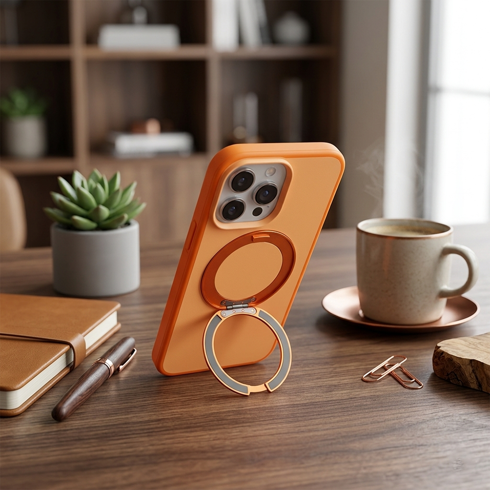 Apple iPhone 15 Pro Max Magsafe Premium Standlı Fonksiyonel Telefon Kılıfı Turuncu