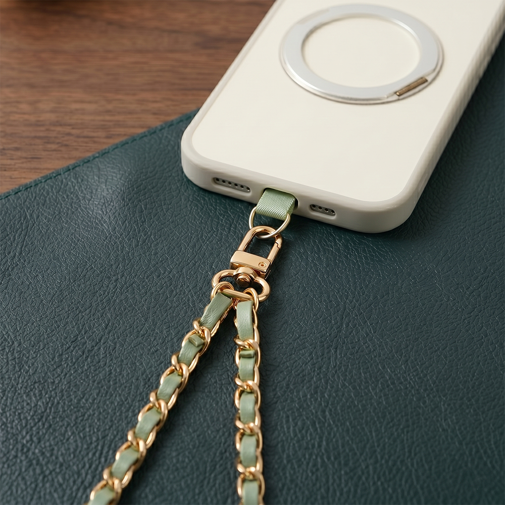 Zincirli Deri Detaylı Universal Telefon Boyun ve Omuz Askısı Yeşil