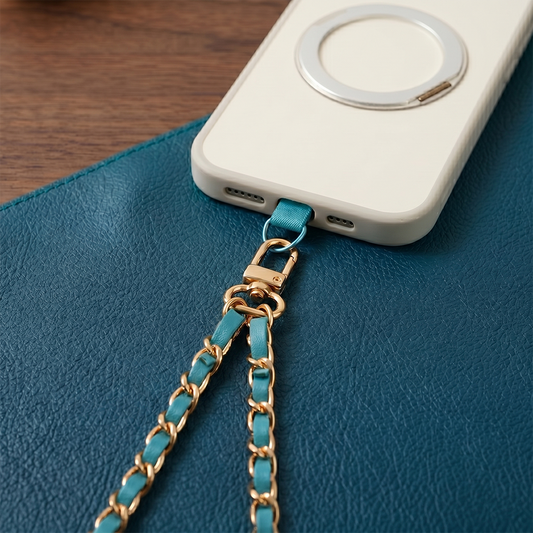 Zincirli Deri Detaylı Universal Telefon Boyun ve Omuz Askısı Mavi