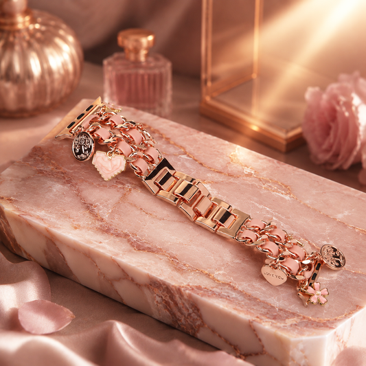 Apple Watch Saat Taşlı Kalp ve Çiçek Tasarımlı Şık Kordon Rose Gold