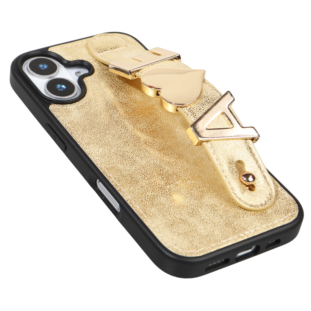 iPhone 16 Kişiye Özel Harfli Deri Telefon Kılıfı Gold