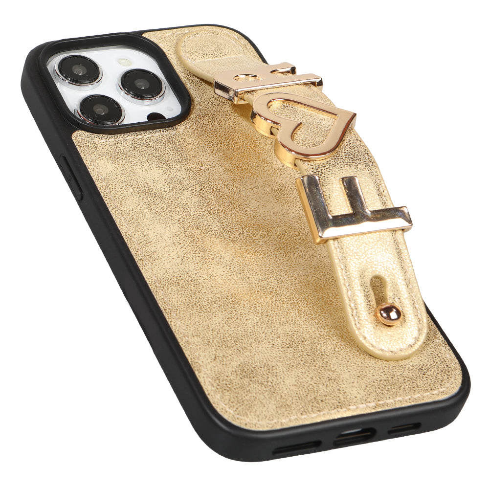 iPhone 16 Pro Max Kişiye Özel Harfli Deri Telefon Kılıfı Gold