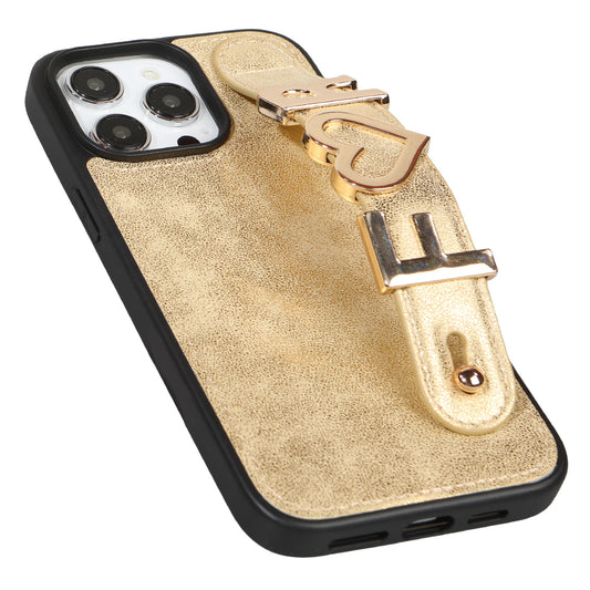 iPhone 15 Pro Max Kişiye Özel Harfli Deri Telefon Kılıfı Gold