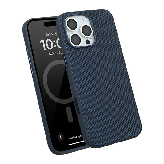 iPhone 16 Pro Max Gizli Magsafe Destekli Mikro Kabartma Dokulu Premium Telefon Kılıfı - Mavi