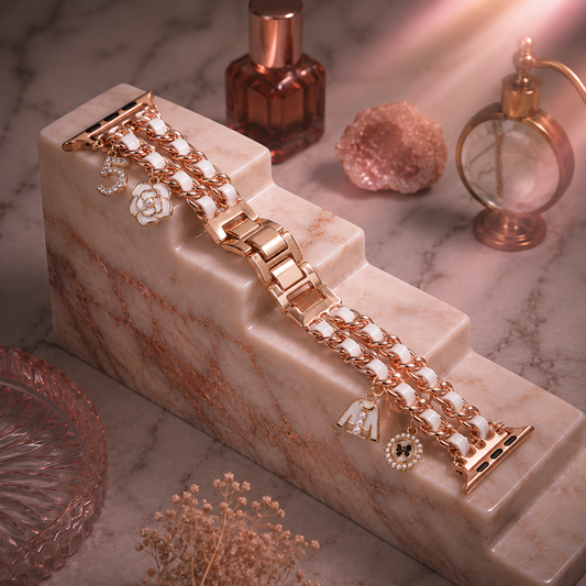 Apple Watch Saat Taşlı Gül ve İnci Tasarımlı Şık Kordon Rose Gold