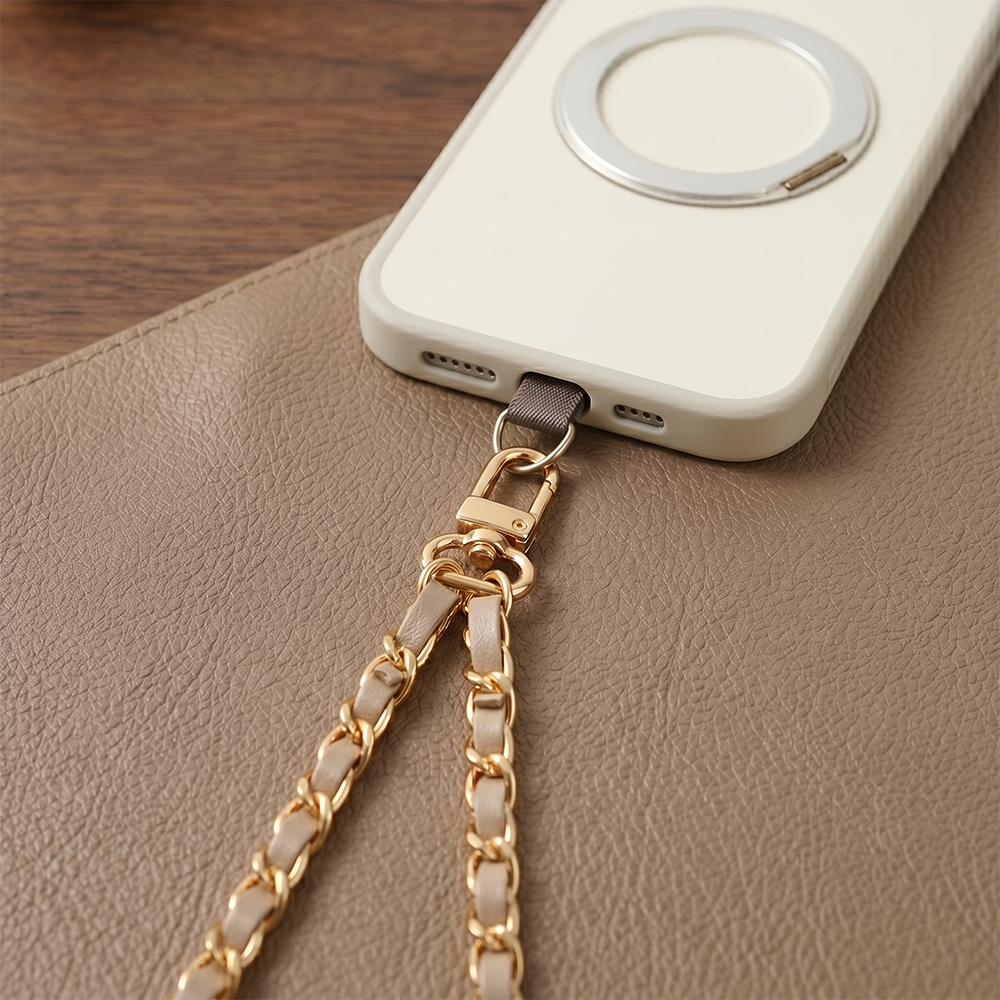 Zincirli Deri Detaylı Universal Telefon Boyun ve Omuz Askısı Bej