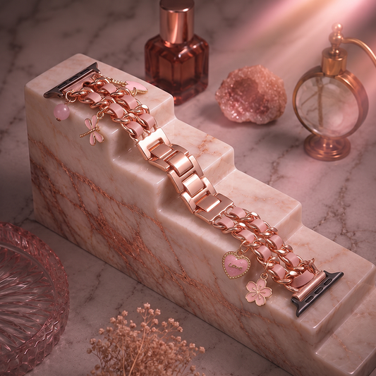 Apple Watch Saat Taşlı Love Kalp Tasarımlı Şık Kordon Rose Gold