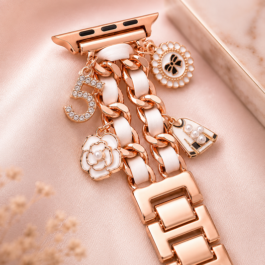 Apple Watch Saat Taşlı Gül ve İnci Tasarımlı Şık Kordon Rose Gold
