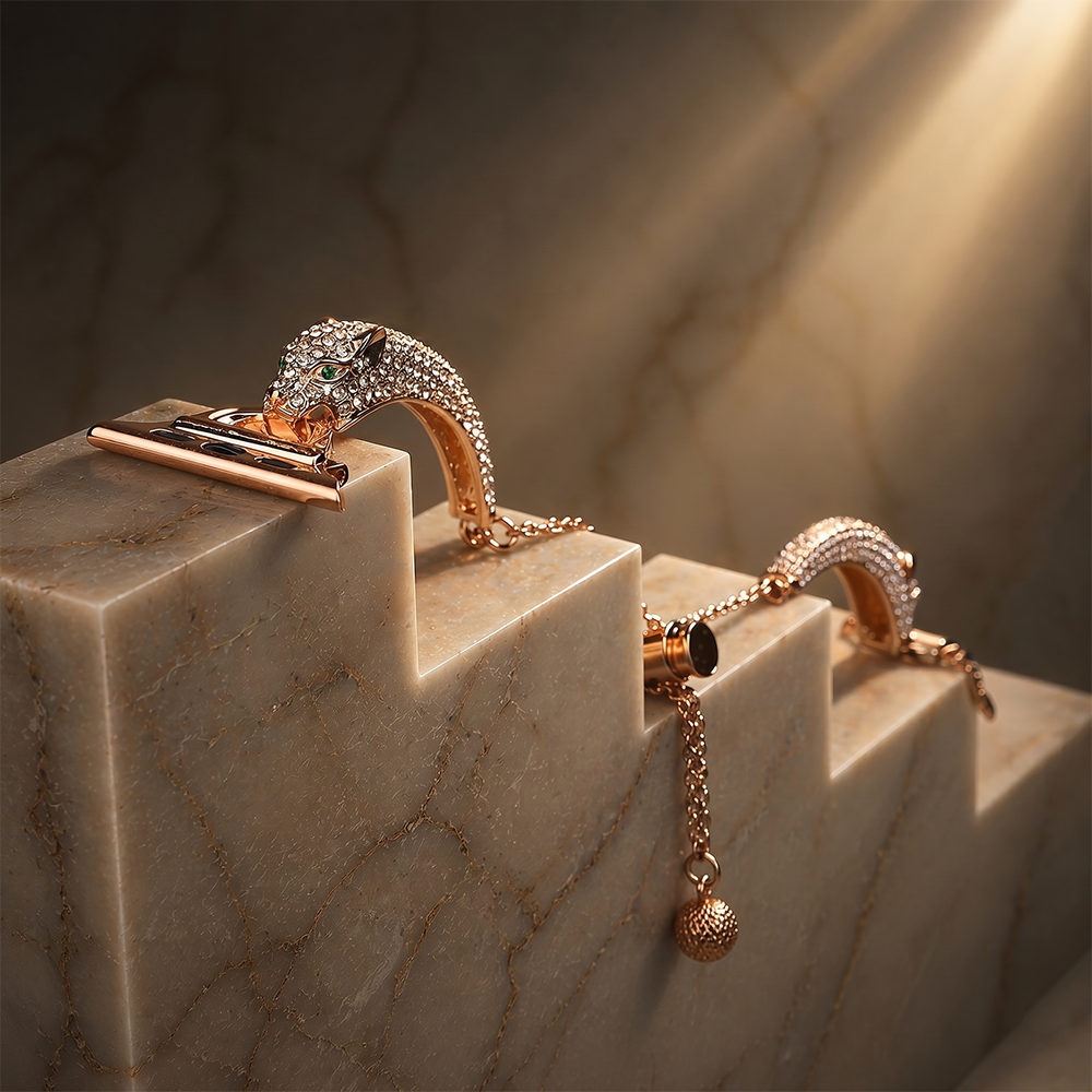 Apple Watch Saat Jaguar Tasarımlı Şık Taşlı Kordon Gold