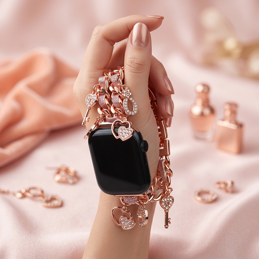 Apple Watch Saat Taşlı Kalp Tasarımlı Şık Kordon Rose Gold