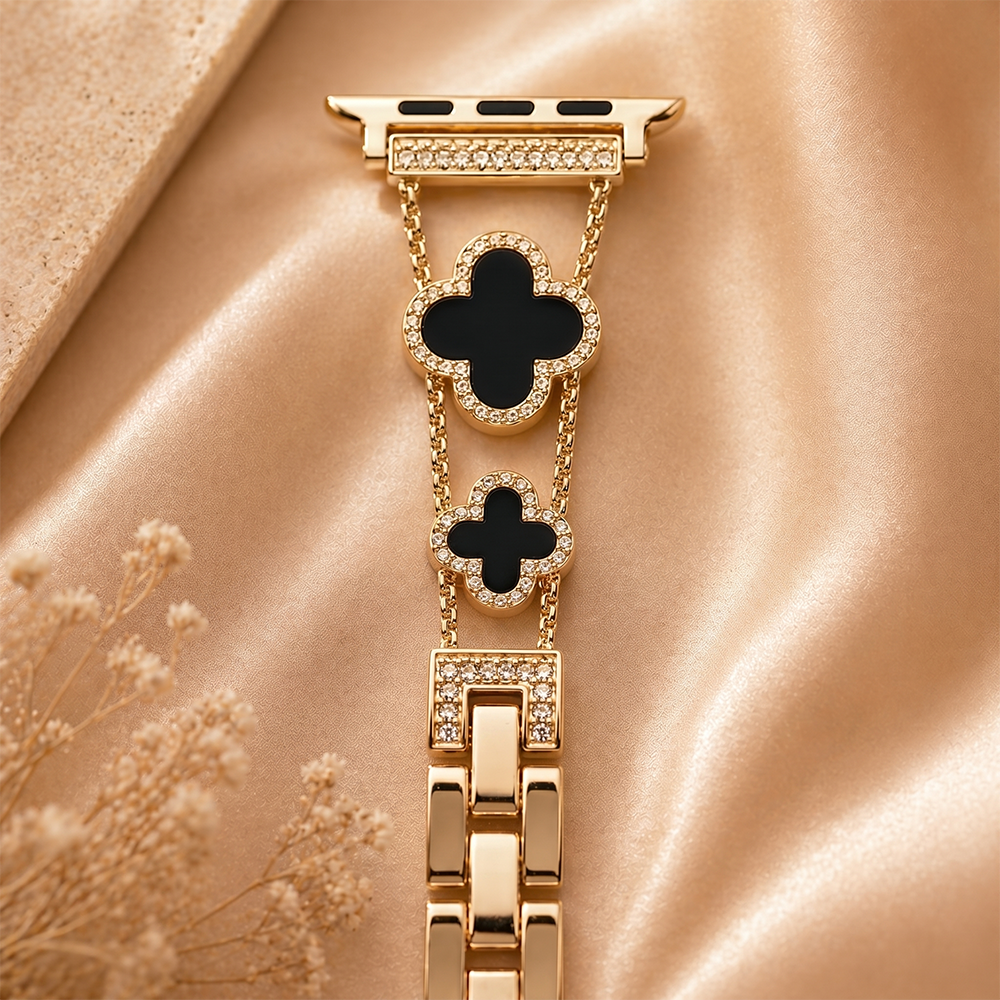 Apple Watch Saat Taşlı Siyah Yonca Tasarımlı Şık Kordon Açık Gold