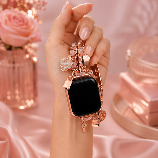 Apple Watch Saat Taşlı Anahtar Kilit Tasarımlı Şık Kordon Rose Gold