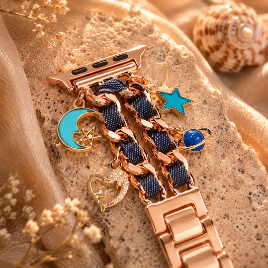 Apple Watch Saat Galaksi Charm Tasarımlı Şık Taşlı Kordon Rose Gold