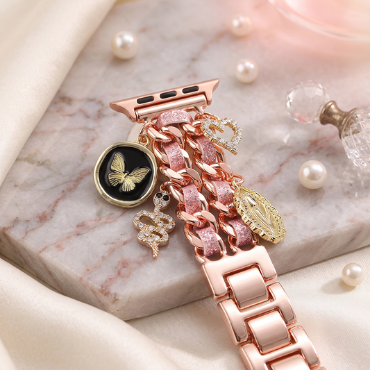 Apple Watch Saat Taşlı Kelebek Yılan Tasarımlı Şık Kordon Rose Gold