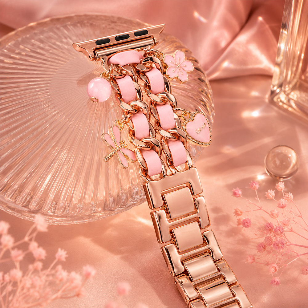 Apple Watch Saat Taşlı Love Kalp Tasarımlı Şık Kordon Rose Gold