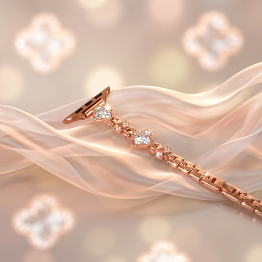 Apple Watch Saat Taşlı Yonca Tasarımlı Şık Kordon Rose Gold