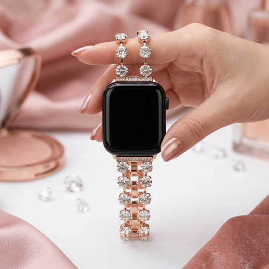 Apple Watch Saat Çift Sıra Taşlı Tasarım Şık Kordon Gold