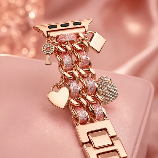 Apple Watch Saat Taşlı Anahtar Kilit Tasarımlı Şık Kordon Rose Gold