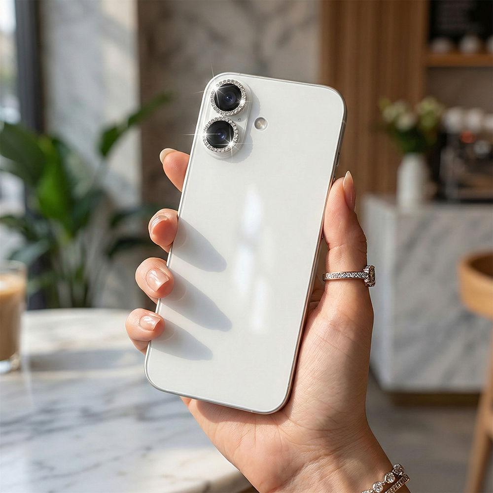iPhone 17 Kamera Koruyucu Diamond Taşlı Silver