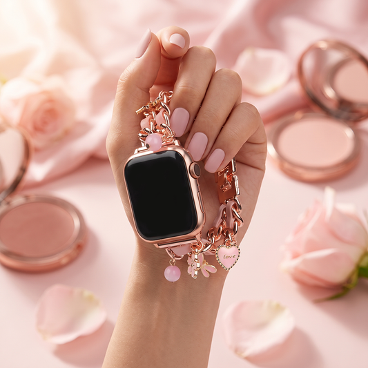 Apple Watch Saat Taşlı Love Kalp Tasarımlı Şık Kordon Rose Gold
