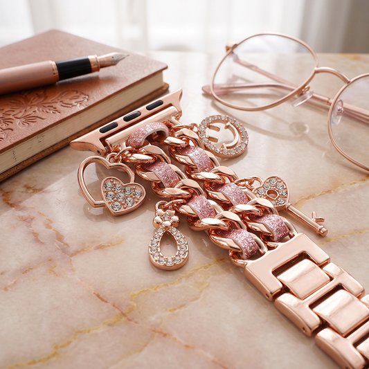 Apple Watch Saat Taşlı Kalp Tasarımlı Şık Kordon Rose Gold