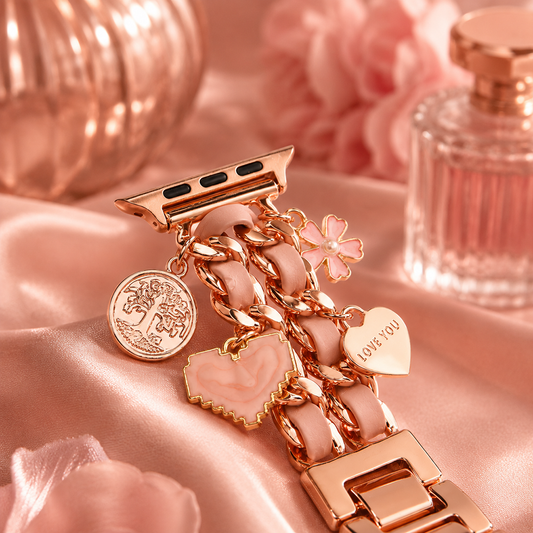 Apple Watch Saat Taşlı Kalp ve Çiçek Tasarımlı Şık Kordon Rose Gold