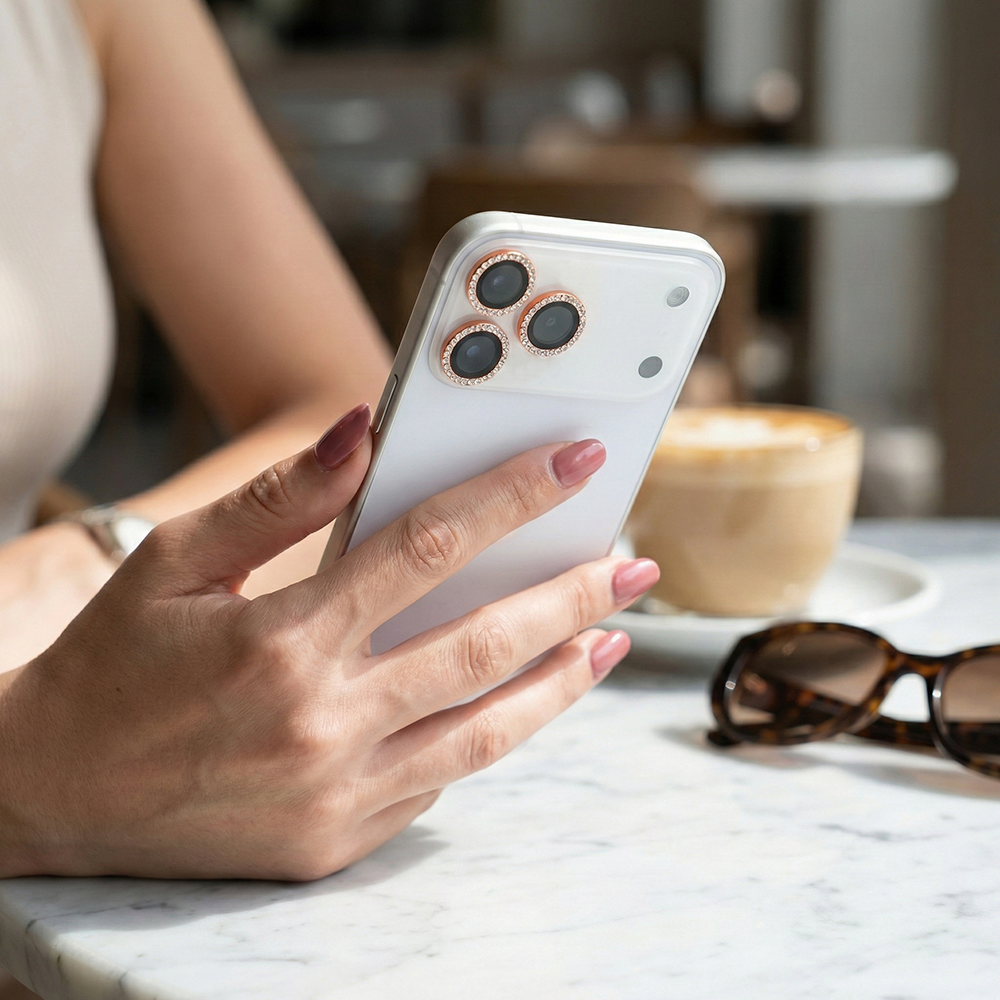 iPhone 17 Pro Max Kamera Koruyucu Diamond Taşlı Orange