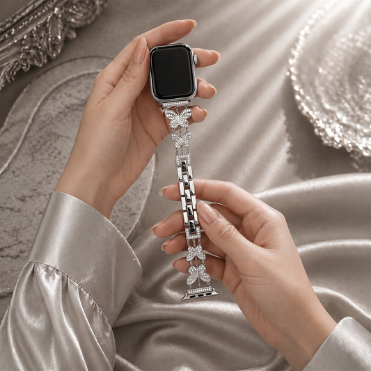 Apple Watch Saat Taşlı Kelebek Tasarımlı Şık Kordon Silver