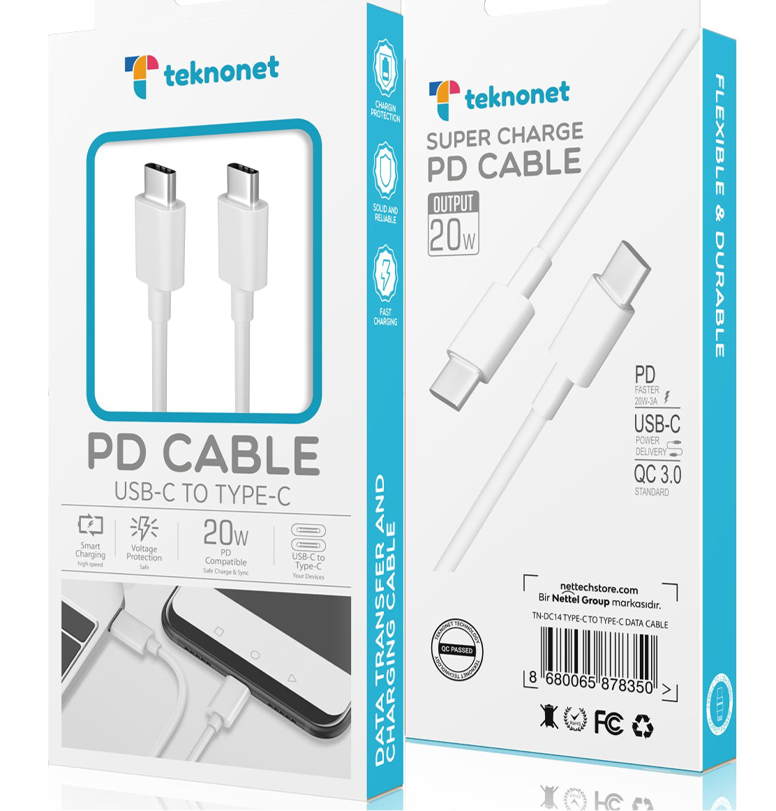 TN-DC14 PD 20W QC3.0A Plastik 100 Cm Type-C To Type-C Şarj ve DataKablosu (Beyaz)