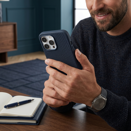 iPhone 16 Pro Max Gizli Magsafe Destekli Mikro Kabartma Dokulu Premium Telefon Kılıfı - Mavi