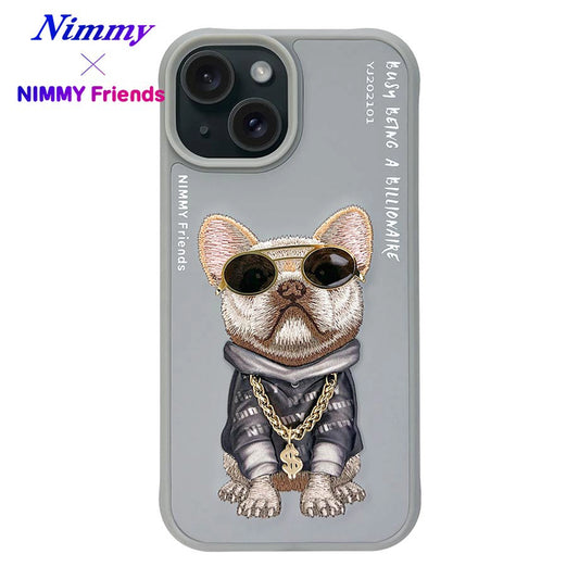 iPhone 15 Nimmy Gerçek Nakışlı ve Zincirli Bulldog Telefon Kılıfı