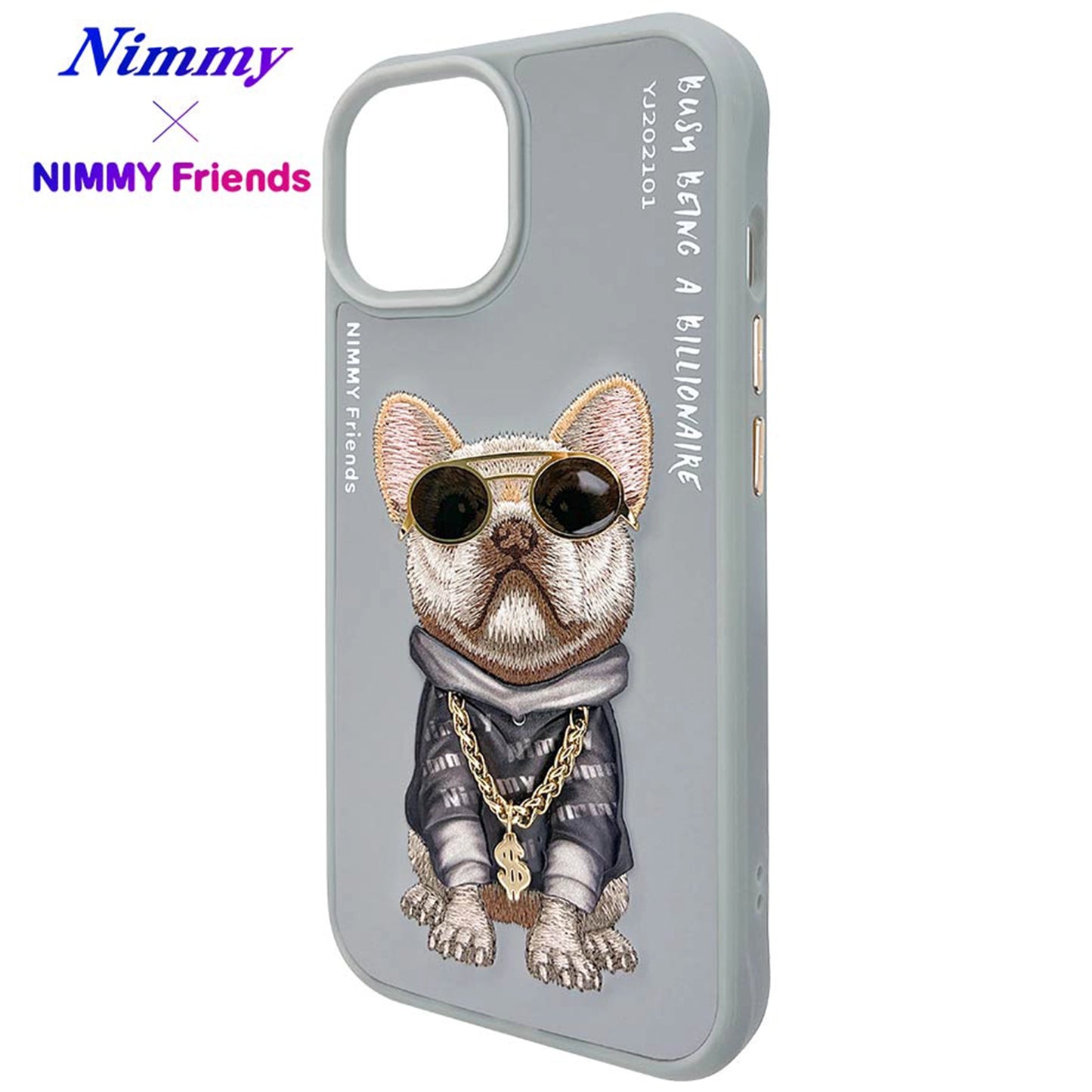 iPhone 15 Nimmy Gerçek Nakışlı ve Zincirli Bulldog Telefon Kılıfı